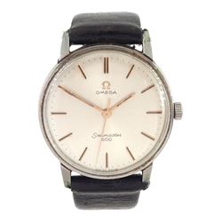 Omega Seamaster 600 gentleman's stainless steel manual wind wristwatch, Ref. 135.011, Cal. 601, serial No. 22028772, silvered dial with baton hour markers, on black leather strap, boxed