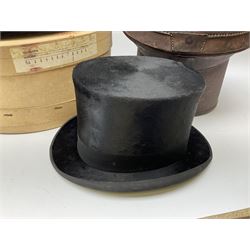 Top hat by Tress & Co London, in a  fitted leather leather case,  Top hat by Chapellerie Francaise. 
