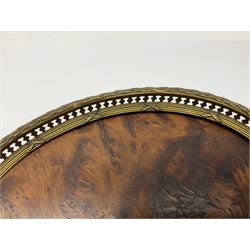 Twin handled galleried card tray, with yew base, upon four shell feet, L25cm, H5cm