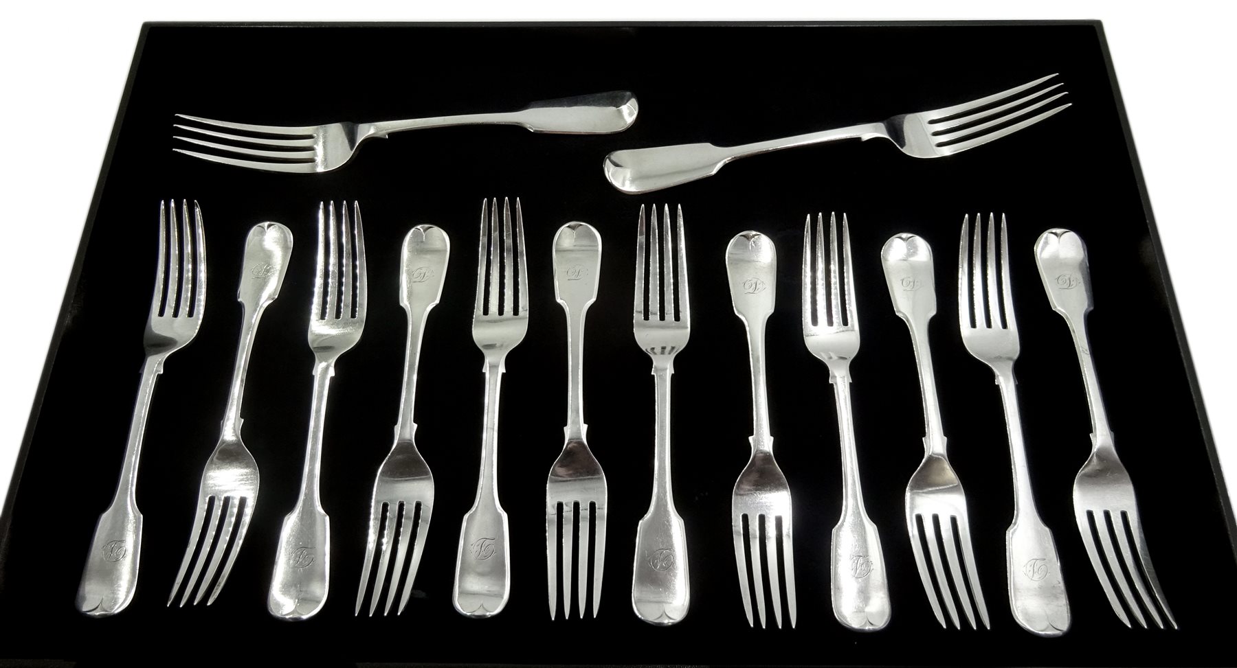 Set of twelve Victorian silver dessert forks, Fiddle pattern by Samuel Hayne & Dudley Cater, London 1841 and two similar dinner forks by Henry Holland, London 1856, approx 22oz