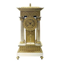 Mid 19th century French silvered and ormolu portico automaton clock in Gothic style case by Leroy A Paris, tile and finial cast sarcophagus top over projecting repeating cornice, the frieze decorated with pointed arches and foliage, four column supports each with foliage cast capitals, circular Roman dial in ornate leaf cast slip above brick and dolphin mask waterfall automaton, twin train driven movement striking on bell with anchor escapement and silk suspension, the movement back plate stamped ‘Leroy A Paris’
