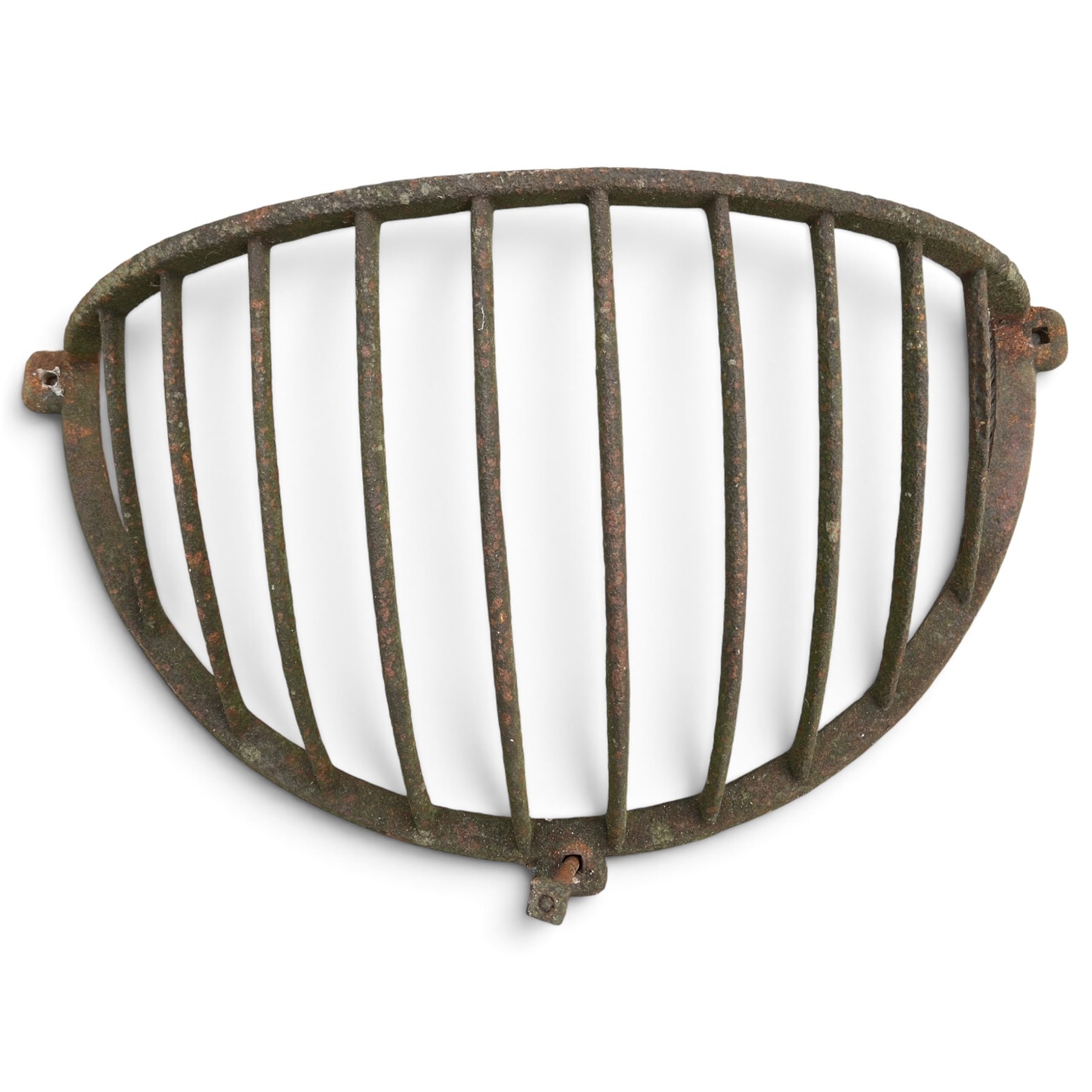 Victorian wrought iron wall-mounted stable hay rack of bowed cage form, with curved bars and fixing lugs