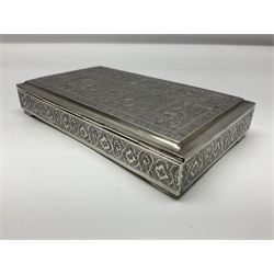 White metal box, possibly Libyan silver, with engraved foliate decoration to body, and embossed figural scenes to hinged cover, with impressed marks beneath