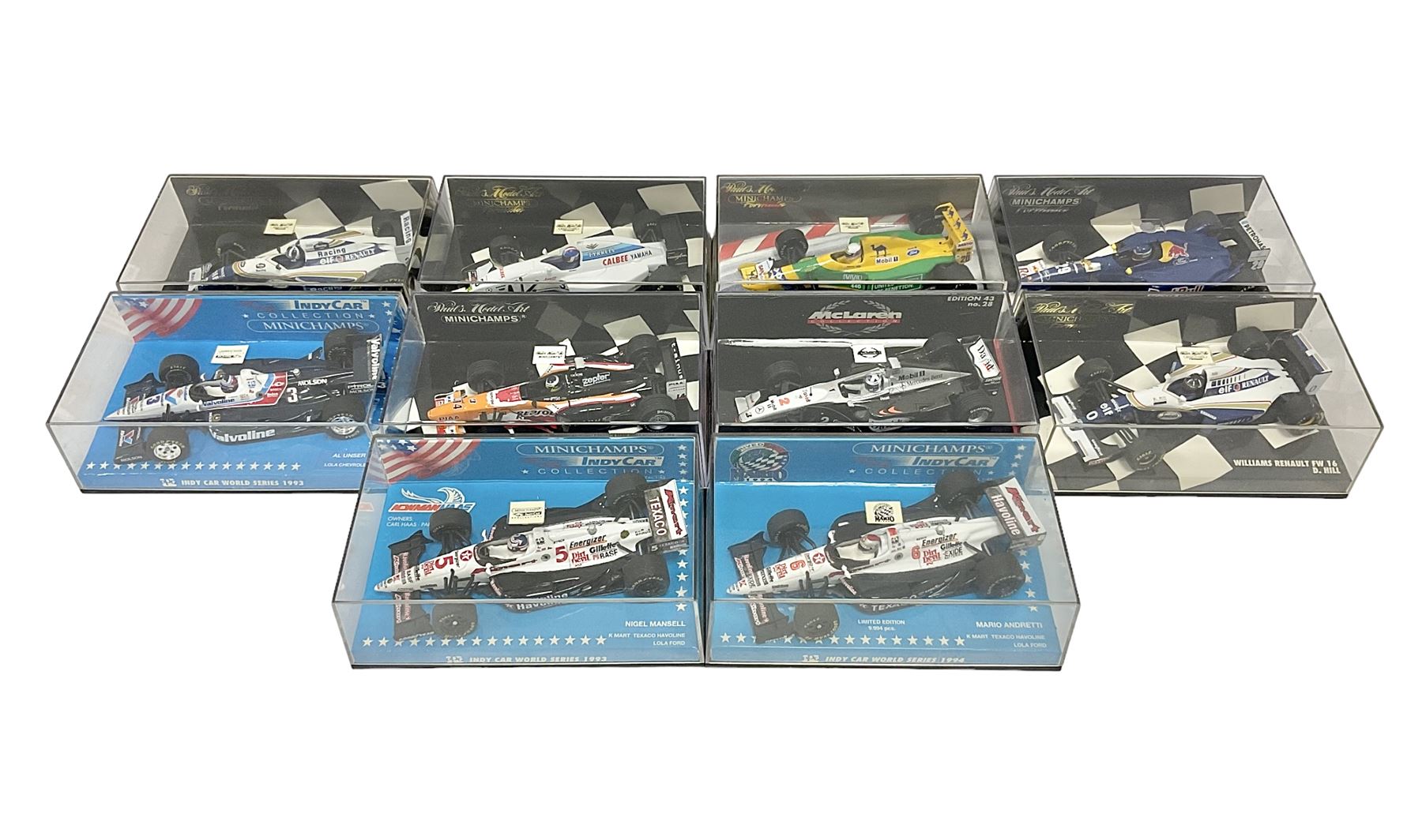 Pauls Model Art Minichamps Formula - ten 1:43 scale die-cast models of racing cars in plastic display cases (10)