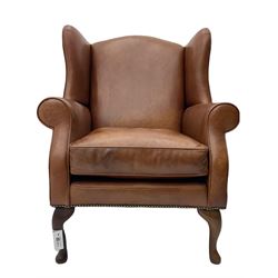 Laura Ashley - wingback armchair, upholstered in brown leather, on cabriole front feet