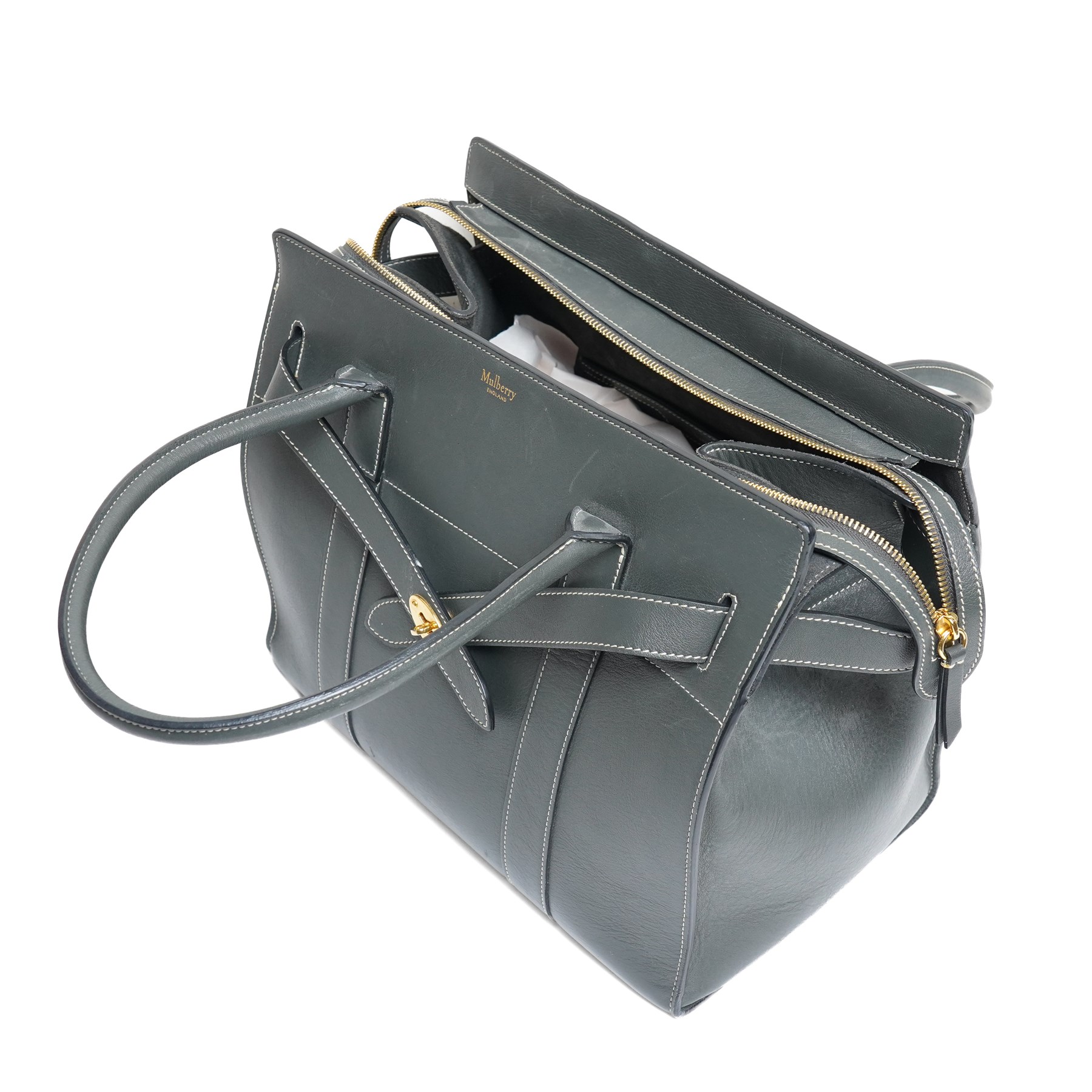 Mulberry - Zipped Bayswater handbag in grey calf leather, with contrasting white stitching, twin rolled leather top handles, crossover front straps with gold-tone Postman’s Lock fastening, zip top closure and gold-tone hardware, with original Mulberry dust bag