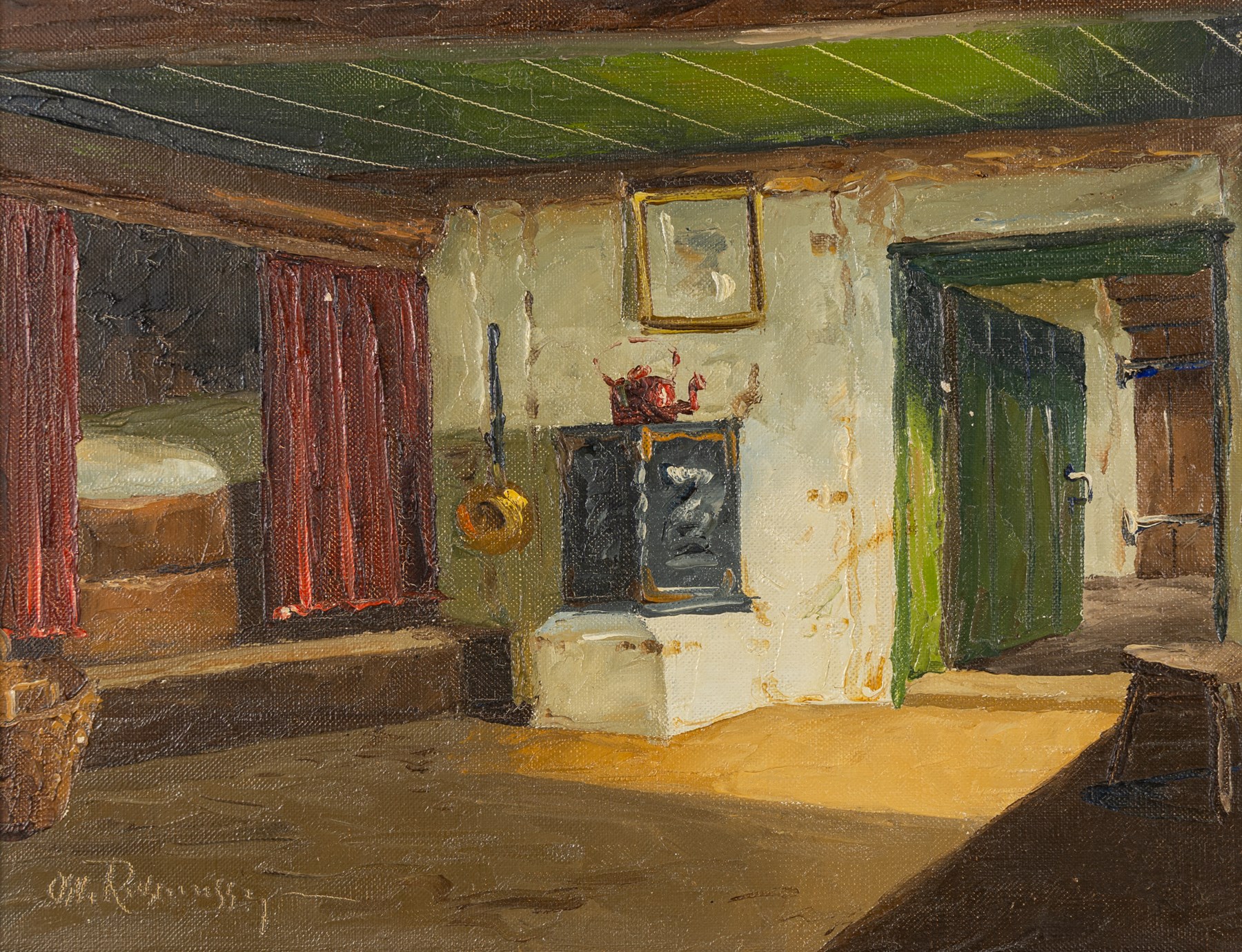 Osvald Rasmussen (Danish 1885-1972): Bedroom Interior, oil on canvas signed 26cm x 34cm