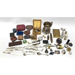 Various vintage jewellery boxes, cigarette case, costume jewellery including brooches, rings, watches etc, two amateur cricket league fobs, whistles with one marked 'J.Hudson & Co 13 Barr St Birmingham 1913 Hudson's Patent', pocket watch and other miscellaneous items 