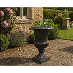 Victorian design cast iron garden centrepiece urn, egg and dart rim on tapering column, sq...