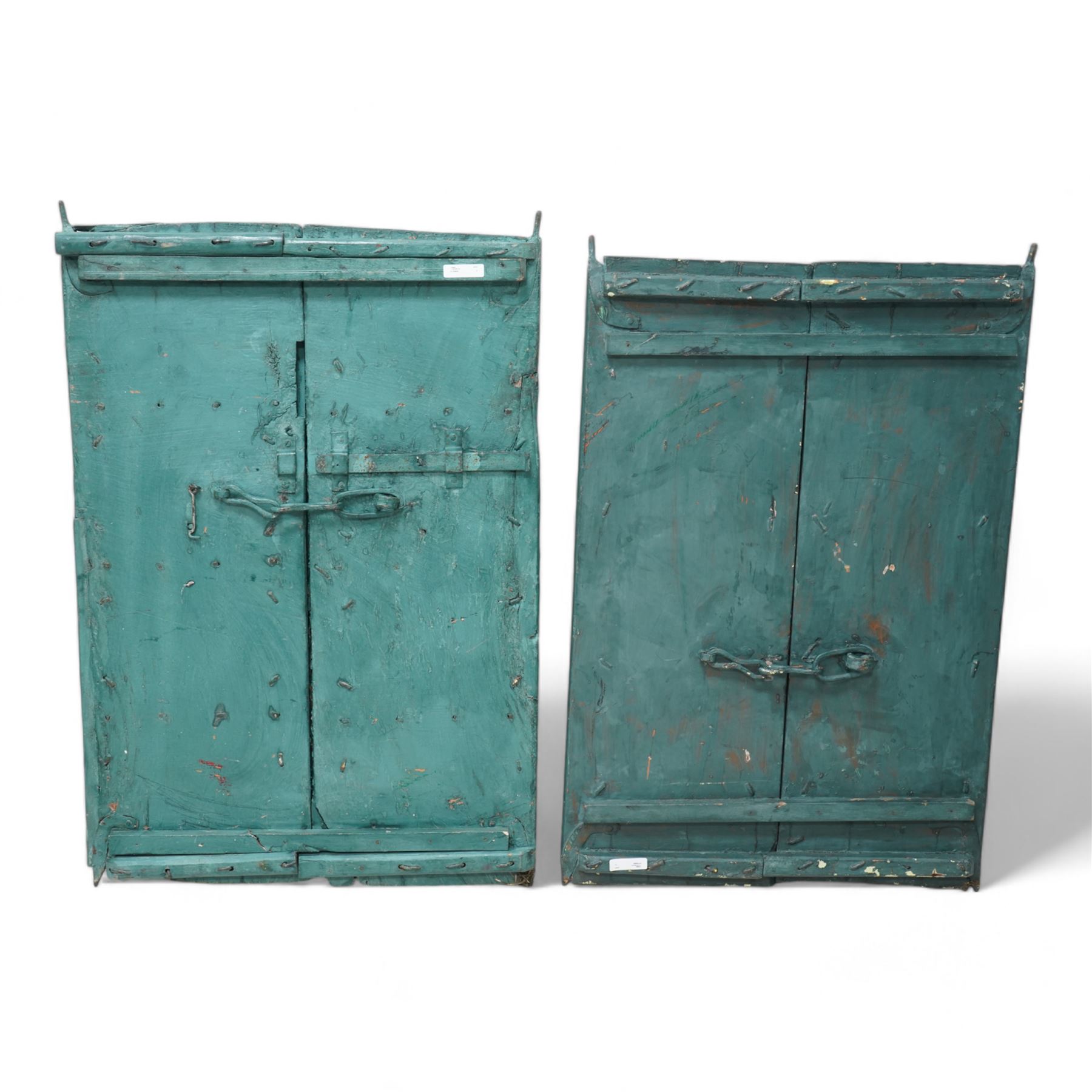 Two painted hardwood window shutters, decorated with tigers and figures 65cm x 93cm & 62cm x 90cm 