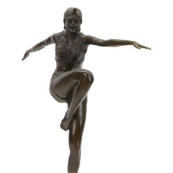 After Johann Philipp Ferdinand Preiss, art deco style bronze figure of a dancer upon a stepped circular plinth, H56cm