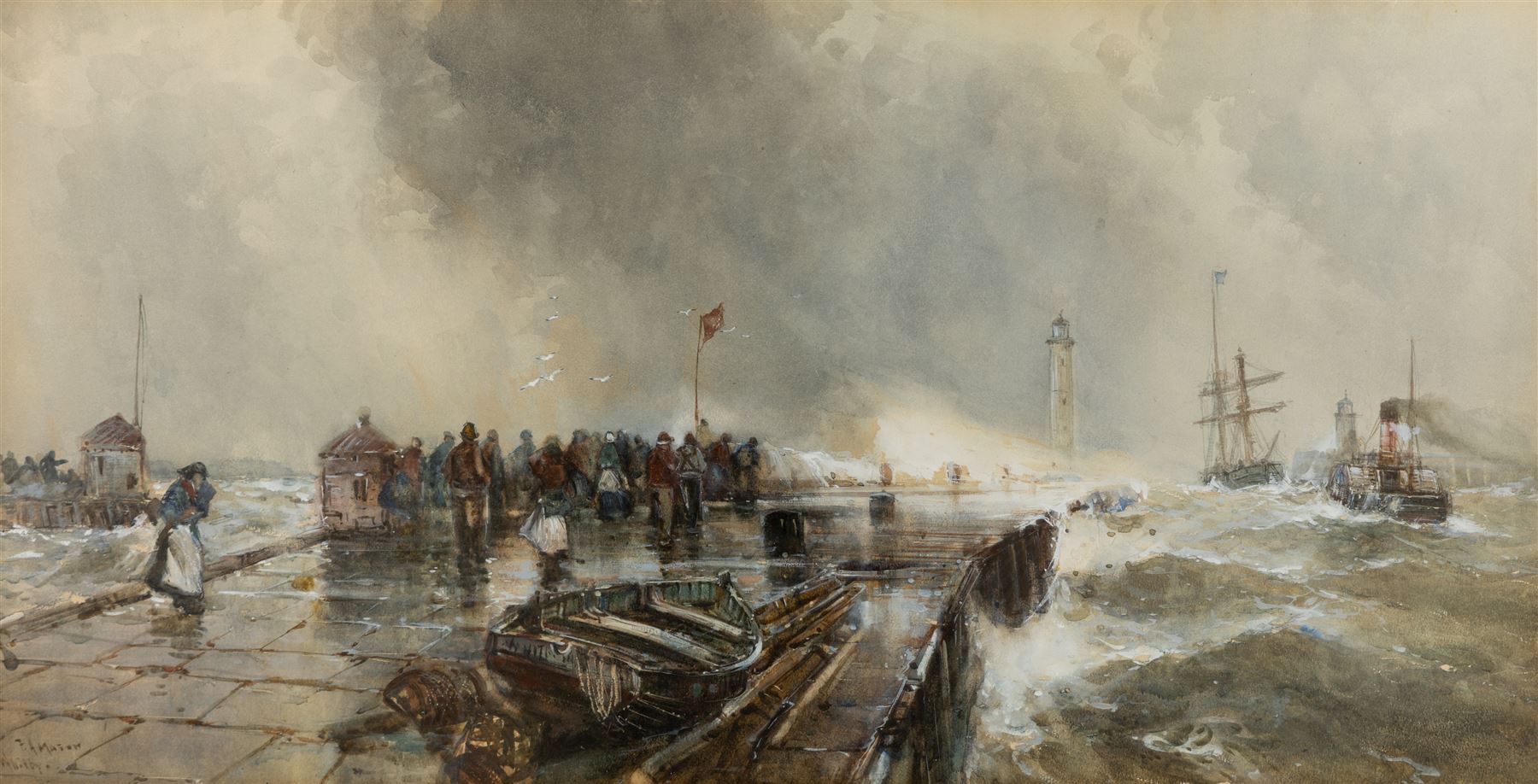 Frank Henry Mason (Staithes Group 1875-1965): 'After the Gale - Whitby', watercolour signed and titled, further titled on original Hare & Whitley label verso 38cm x 75cm in original gilt frame 
Provenance: purchased by Dr C.H. Tattersall from Hare & Whitley c.1906 and thence by descent through the family; never since been on the open market.