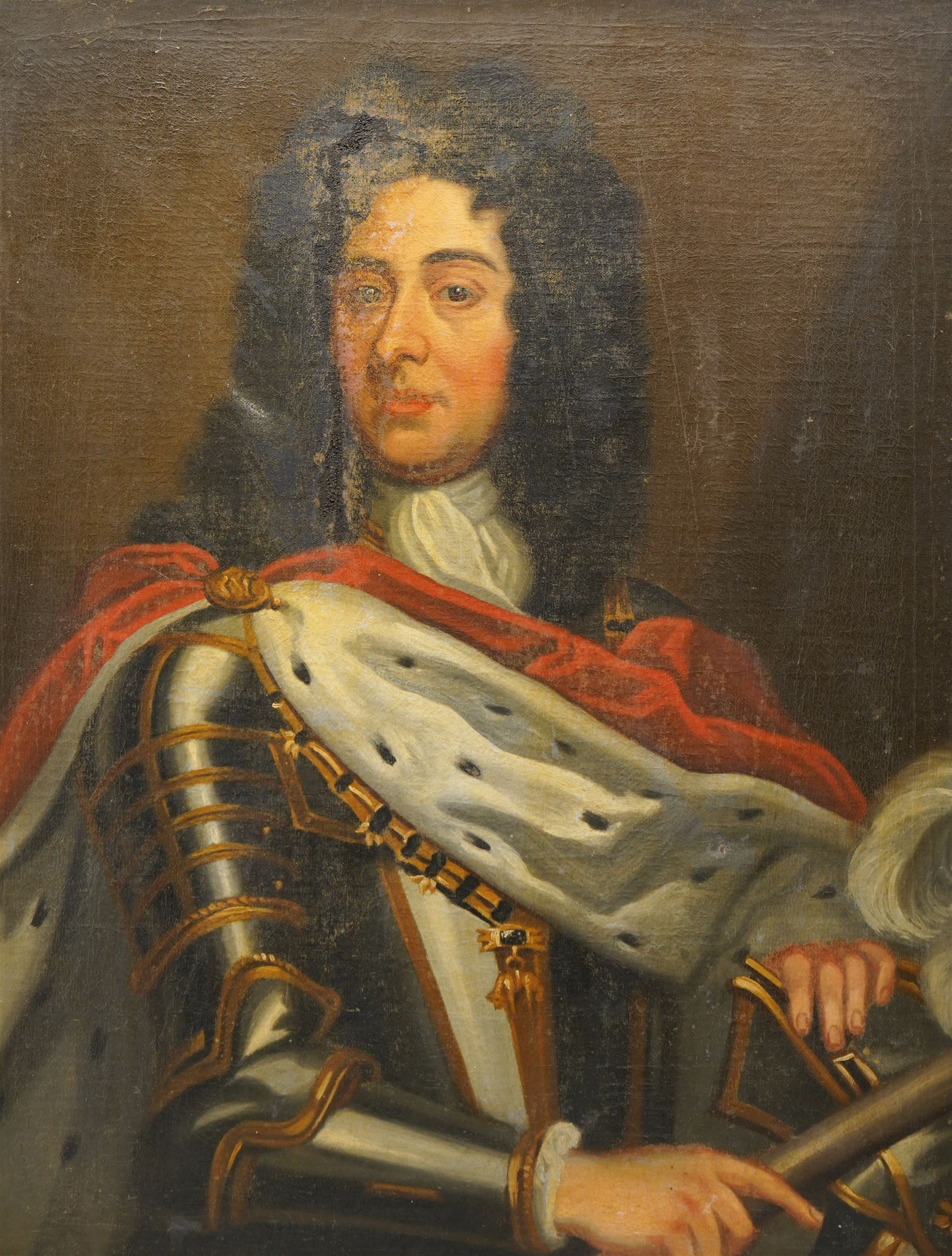 After Sir Godfrey Kneller (German/British 1646-1723): Portrait of Eugene of Savoy, 18th/19th century oil on canvas unsigned 88cm x 69cm, housed in heavy gilt gadroon moulded frame, overall 109cm x 90cm