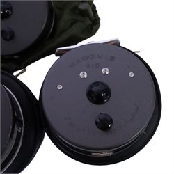 Three Hardy Bros Marquis fly fishing reels, comprising two No. 10 reels and a No.1 Salmon reel, two within black Hardy cases