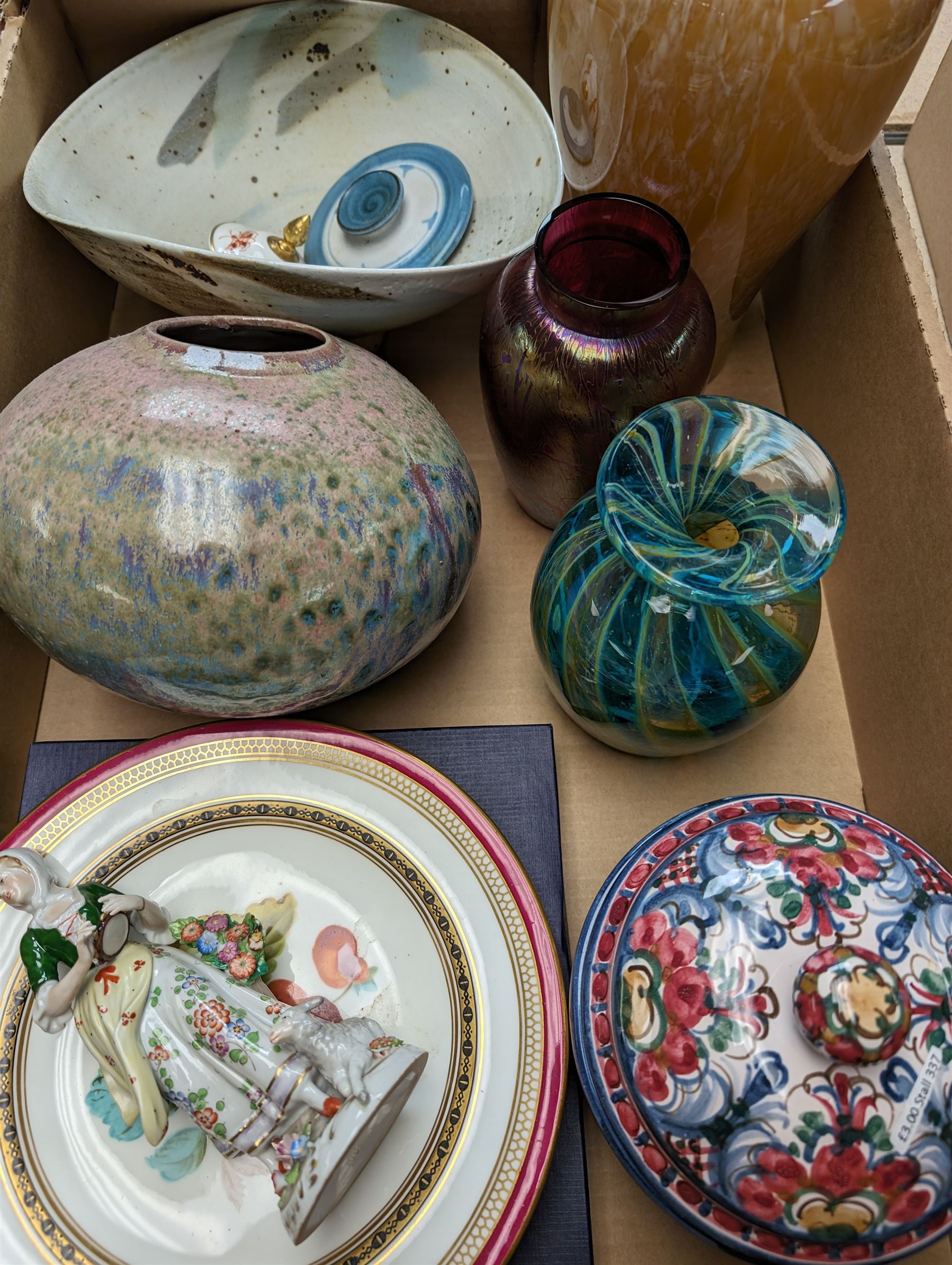 Poole pottery vase, Mdina glass vase and a collection of other glassware and ceramics, in two boxes 