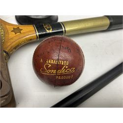 Walking cane, tennis racket, cricket ball (signed) and knight novelty cigarette lighter 