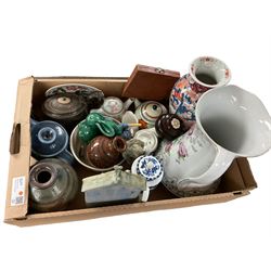 Various ceramics, to include Imari vase, Studio pottery teapot and two vases, Denby green rabbit, etc., together with silver plated teapot, and cased set of silver plated coffee spoons, etc., in one box