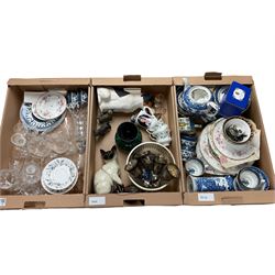 Collection of ceramics and glassware, including Booths Real Old Willow tea wares, vases, plates etc in three boxes  