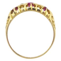 Edwardian 18ct gold five stone diamond and pink stone ring, Chester 1910
