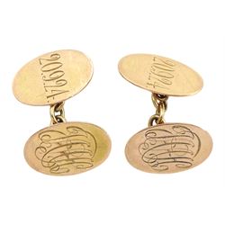Pair of 9ct rose gold oval monogrammed and dated cufflinks, hallmarked, approx 6.3gm