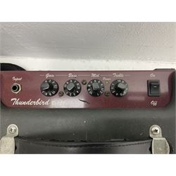 Richwood electric bass guitar in blue, cream and natural finish L117cm; in Fender soft carrying case; together with Behringer Thunderbird Bx108 amplifier date code 0 4 11.