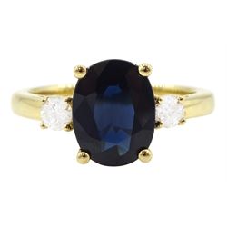 18ct gold sapphire and diamond three stone ring, single oval sapphire of approx 2.20 carat...