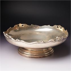 Silver circular fruit bowl with pierced border and pedestal foot D21cm Birmingham 1939 Maker Roberts & Dore Ltd
