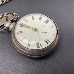 Victorian silver pair cased fusee lever pocket watch, No. 6765, cream enamel dial with Roman numerals, case makers mark R.S, Birmingham 1861, on silver Albert chain
