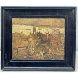 H * (Early 20th century): Working Horses and Hens in the Farmyard, oil on canvas board dated 1920 and indistinctly signed 21cm x 26cm