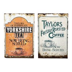 Two sided painted advertising sign, with Yorkshire tea to one side and Taylors of Harrogate to the other, H60cm