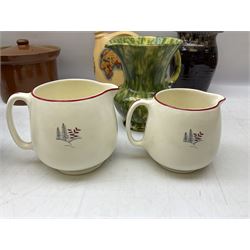 Mid century Spode Copeland 'Cutie Kitten' bowl, Crown Ducal King George VI and Queen Elizabeth Coronation Emu Wines flask with stopper, c1937, Carlton Ware sauce boat and saucer, Crown Devon and quantity of ceramic jugs etc