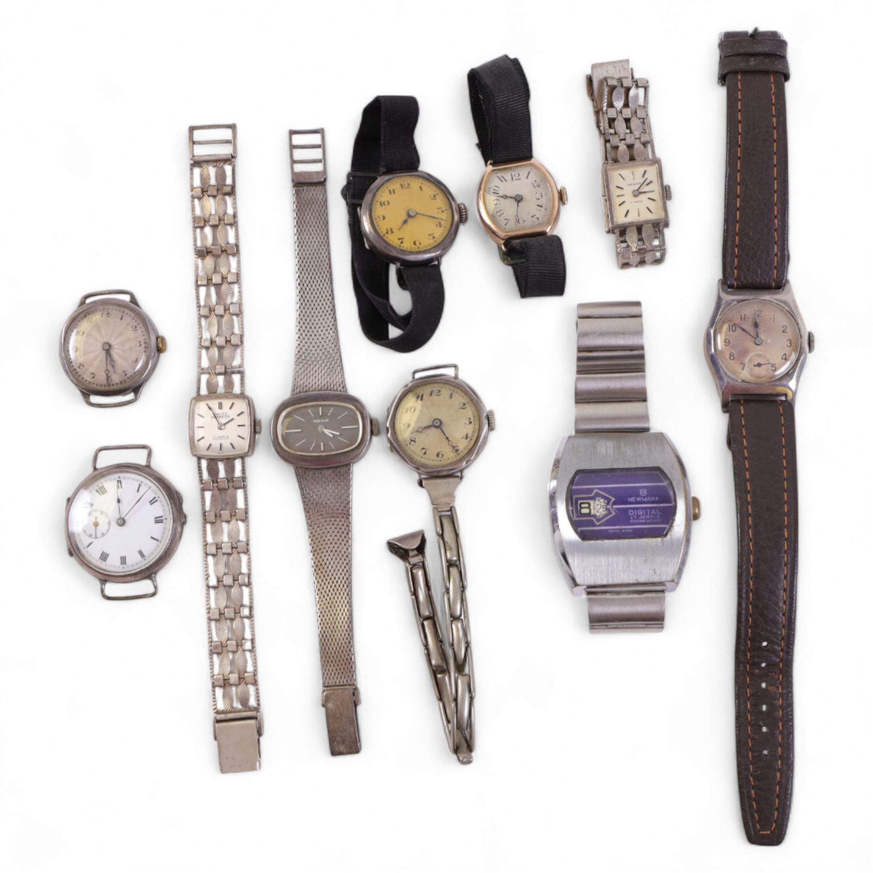 9ct gold cased ladies manual wind wristwatch on fabric strap, together with a collection of silver wristwatches and a stainless steel Newmark wristwatch 