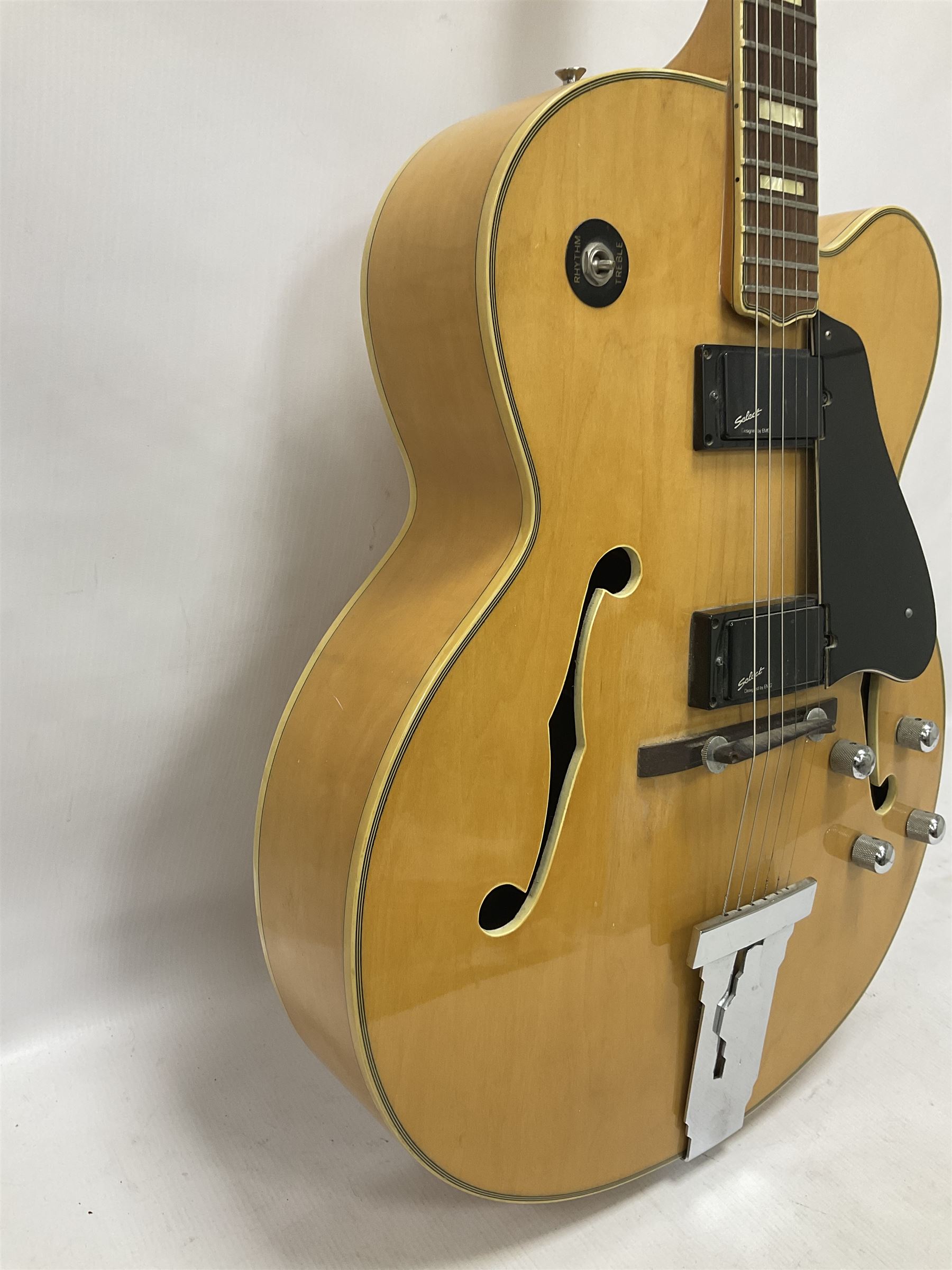 1980s Korean Antoria Jazzstar hollow body electric guitar, in blonde finish with inlaid fretboard, model no E G794, L109cm