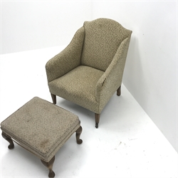 Edwardian armchair upholstered in a beige patterned fabric, square tapering supports (W64cm) and a stool upholstered in matching fabric with cabriole legs (W53cm, H34cm, D44cm)