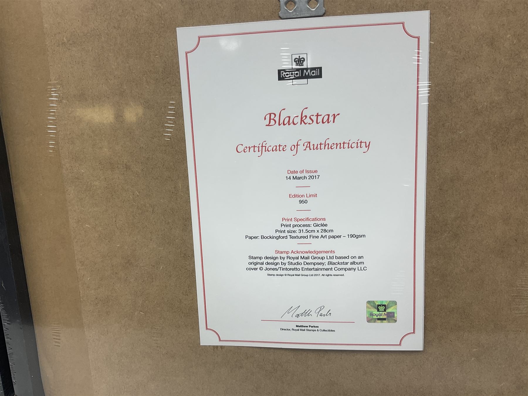 Set of four Royal Mail David Bowie limited edition album stamp prints, comprising Blackstar, Heroes, Let's Dance and Aladdin Sane, all framed and in original packaging, H43cm W43cm