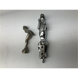 Nickel plated car mascot as a nude lady in a diving pose, similar to an A.E. Lejeune 'Speed Nymph', but marked 'N.L.C. Co. RegEd Des.'; chrome leaping Jaguar car mascot; and quantity of car model name letters, numbers and logos including Mercedes-Benz etc