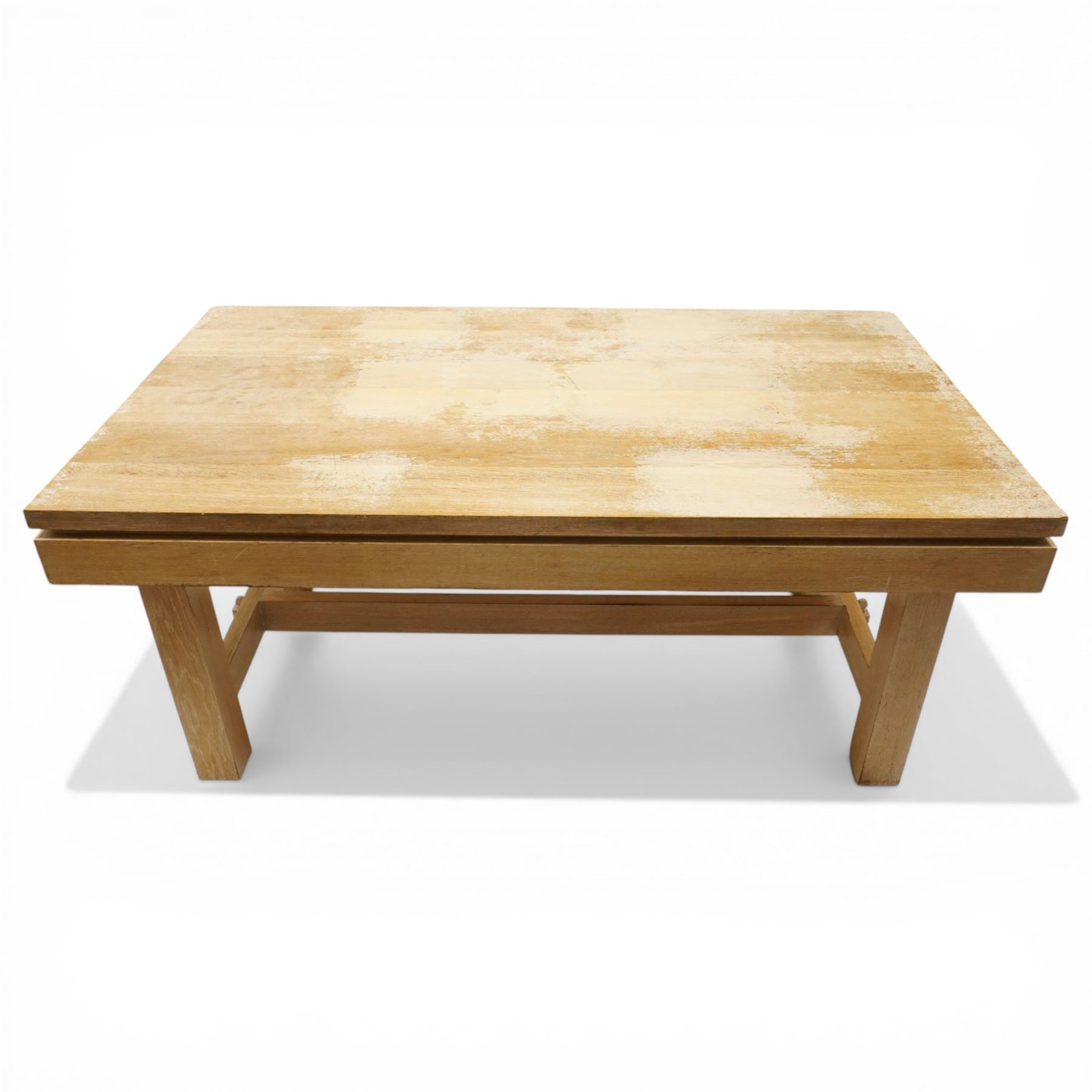 Late 20th century solid light oak refectory style dining table, rectangular top raised on square supports united by stretcher (W180cm D100cm H81cm); Set of six light oak high-back dining chairs with burgundy leather seats (W49cm H109cm)