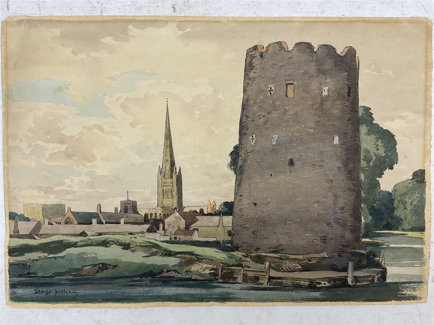 George Graham (British 1881-1941): The Cow Tower - Norwich, watercolour signed 27cm x 40cm (unframed)