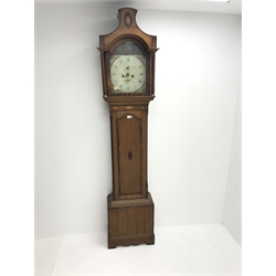 Early 19th century longcase clock, oak cased with mahogany and rosewood banding, eight day movement with enamel dial painted with mother and child, dial signed 'F. Dobfon, Driffield', H217cm 