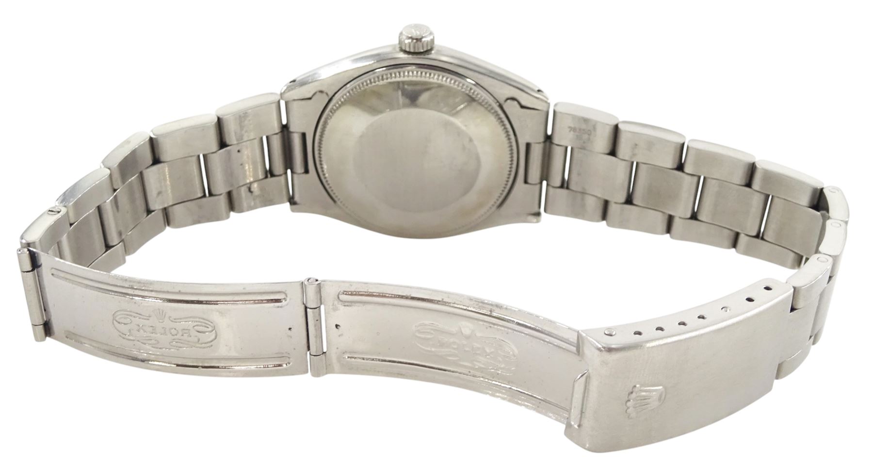 Rolex Oyster Perpetual Air-King Precision gentleman's automatic wristwatch, circa 1958, Ref. 5500, serial No. 368901, silvered dial with baton hour markers, on Rolex Oyster stainless steel strap with fold-over clasp, in Rolex after sales service box