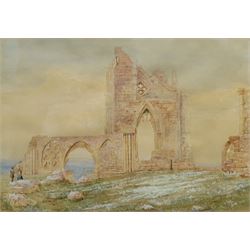 JG Hall (British 19th/20th century): Figures in Whitby Abbey, watercolour signed and dated 1900, 24cm x 34cm