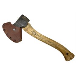 Gransfors Bruk Sweden carving axe, the head stamped both sides including smith's initials, on stamped hickory shaft, in leather sheath L43cm