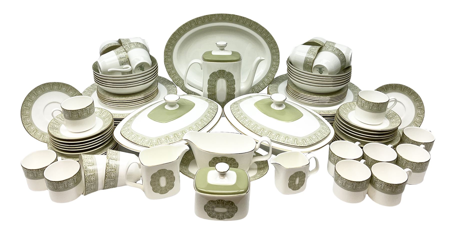 Royal Doulton Sonnet pattern part tea and dinner service, including  twelve dinner plates, twelve bowls, twelve side dishes, two covered tureens, one meat platter, coffee pot, twelve coffee cans and saucers etc (approx 90)