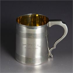 George III silver christening mug, of cylindrical tapering form, with banded decoration an...