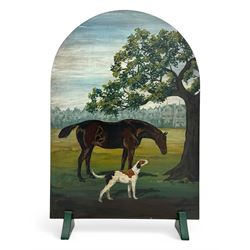 Late 20th century firescreen with arch top, hand-painted to show an equine and canine in a...