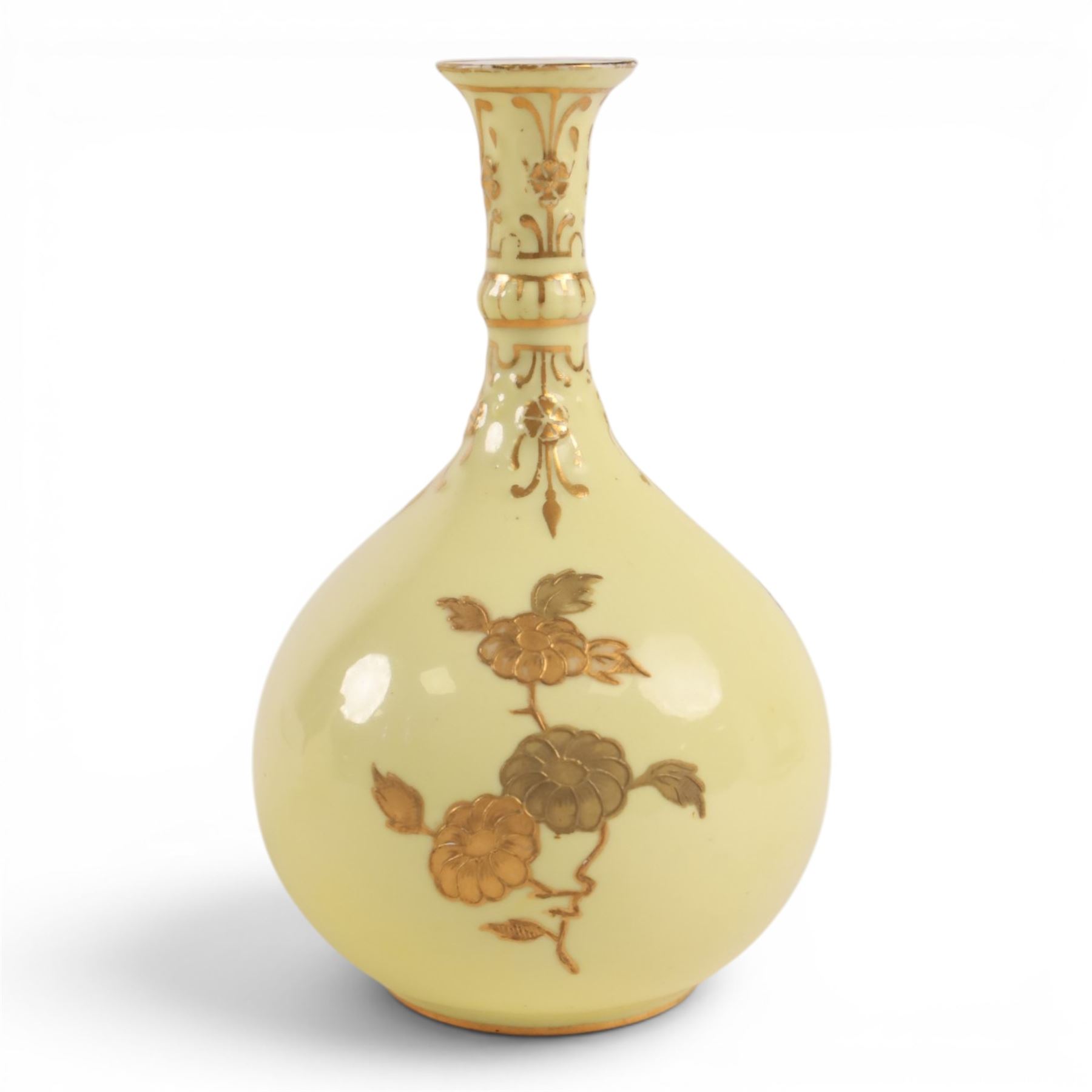 Pair of Royal Crown Derby bud vases, decorated with gilt floral sprigs upon a yellow ground, marked beneath, H14cm