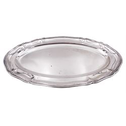 Early/mid 20th century Czechoslovakian silver platter, of shaped oval form with dished centre and reeded edge, marked with 800 standard mark, makers mark HDM and stamped 800, L52cm, approximate weight 40.09 ozt (1246.8 grams)