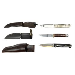 Three hunting knives, each blade marked A. Wright & Sons Sheffield, one with leather handle, one with horn handle and one with antler handle; each with leather sheath (3)