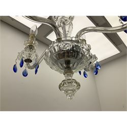 Glass four light chandelier, the baluster shaped central glass column supporting four curved branches with drip pans and blue glass drops, approx height excl fitting H50cm