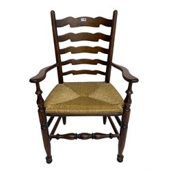 Set eight (6+2) oak dining chairs, high waived ladder back over rush seats, raised on ring turned supports with pad front feet, united by stretchers
